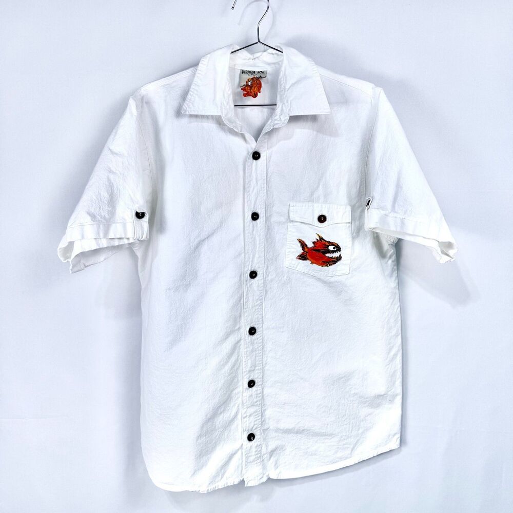 Pirana Joe Mens L Button up Short Sleeve Shirt Antigua Caribbean Fish Logo